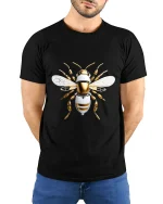 Futuristic Robotic Bee Art Tee Tech Insect Graphic T Shirt - model wearing black tee with hands behind back
