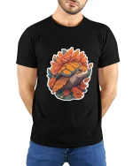 Floral Turtle Art Tee Cute Nature Animal Graphic T Shirt - model wearing black tee with hands behind back