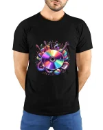 Colorful Music Instruments Art Tee Vibrant Sound Graphic T Shirt - model wearing black tee with hands behind back