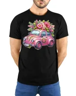 Cute Floral Vintage Car Art Tee Pink Flower Graphic T Shirt - model wearing black tee with hands behind back