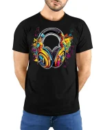 Colorful Music Headphones Art Tee Vibrant Sound Graphic T Shirt - model wearing black tee with hands behind back