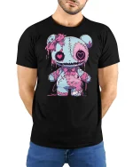 Cute Creepy Stitched Bear Art Tee Kawaii Gothic Graphic T Shirt - model wearing black tee with hands behind back