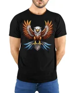 Powerful Eagle Wings Art Tee Majestic Bird Graphic T Shirt - model wearing black tee with hands behind back