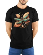 Elegant Dragonfly Leaf Art Tee Nature Inspired Graphic T Shirt - model wearing black tee with hands behind back