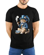 Gentleman Cat Smoking Pipe Art Tee Funny Vintage Graphic T Shirt - model wearing black tee with hands behind back