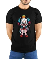 Creepy Clown Character Art Tee Funny Horror Graphic T Shirt - model wearing black tee with hands behind back