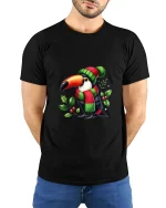 Cute Winter Toucan Art Tee Funny Holiday Animal Graphic T Shirt - model wearing black tee with hands behind back