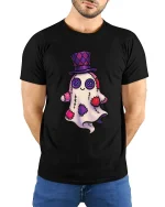 Cute Patchwork Ghost Art Tee Funny Spooky Cartoon Graphic T Shirt - model wearing black tee with hands behind back