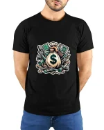 Money Bag Hustle Art Tee Funny Cash Graphic T Shirt Style - model wearing black tee with hands behind back