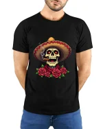 Smoking Skull Sombrero Art Tee Day Of The Dead Graphic T Shirt - model wearing black tee with hands behind back