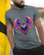 Angel Wings Heart Art Tee Spiritual Love Graphic T Shirt - model wearing grey tee, leaning on column