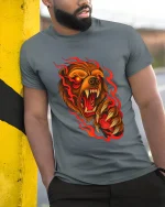 Raging Fire Bear Art Tee Fierce Animal Graphic T Shirt - model wearing grey tee, leaning on column
