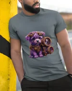 Cute Steampunk Puppy Photographer Art Tee Funny Graphic T Shirt - model wearing grey tee, leaning on column