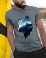 Majestic Wolf Mountain Art Tee Nature Wildlife Graphic T Shirt - model wearing grey tee, leaning on column