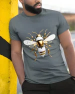 Futuristic Robotic Bee Art Tee Tech Insect Graphic T Shirt - model wearing grey tee, leaning on column