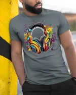Colorful Music Headphones Art Tee Vibrant Sound Graphic T Shirt - model wearing grey tee, leaning on column