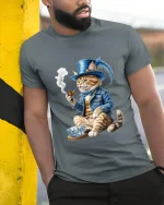Gentleman Cat Smoking Pipe Art Tee Funny Vintage Graphic T Shirt - model wearing grey tee, leaning on column