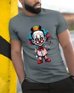 Creepy Clown Character Art Tee Funny Horror Graphic T Shirt - model wearing grey tee, leaning on column