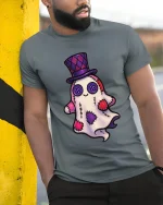 Cute Patchwork Ghost Art Tee Funny Spooky Cartoon Graphic T Shirt - model wearing grey tee, leaning on column