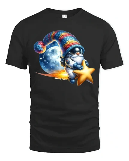 Cute Astronaut Gnome Riding Star Space Cartoon Graphic T Shirt - black t-shirt on white background