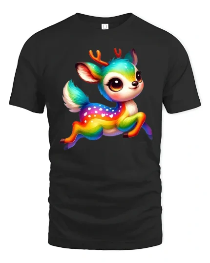 Cute Rainbow Deer Fantasy Cartoon Art Graphic Tshirt - black t-shirt on white background