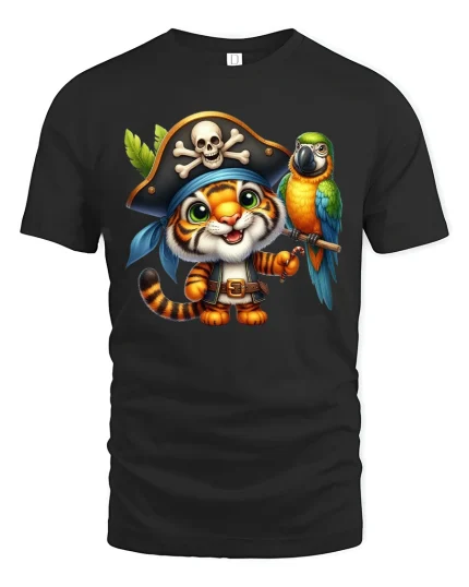 Cute Pirate Tiger Cartoon Adventure Art Graphic Tshirt - black t-shirt on white background