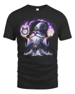 Mystic Time Wizard Cartoon Magic Clock Fantasy Graphic Tshirt - black t-shirt on white background