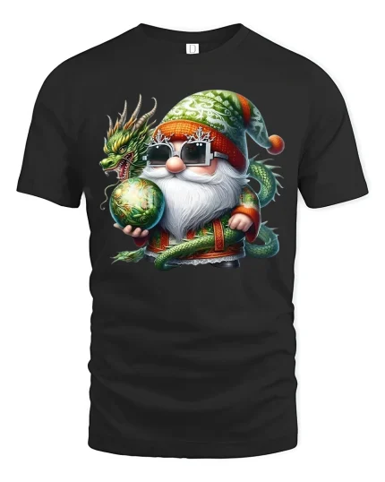 Mystic Dragon Gnome Wizard Fantasy Art Cartoon Graphic Tshirt - black t-shirt on white background