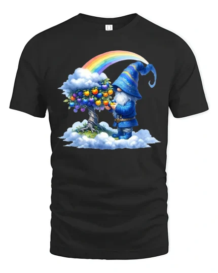 Rainbow Gnome Wizard Fantasy Art Cartoon Graphic T Shirt - black t-shirt on white background
