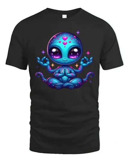 Cute Cosmic Alien Meditation Cartoon Graphic T Shirt - black t-shirt on white background