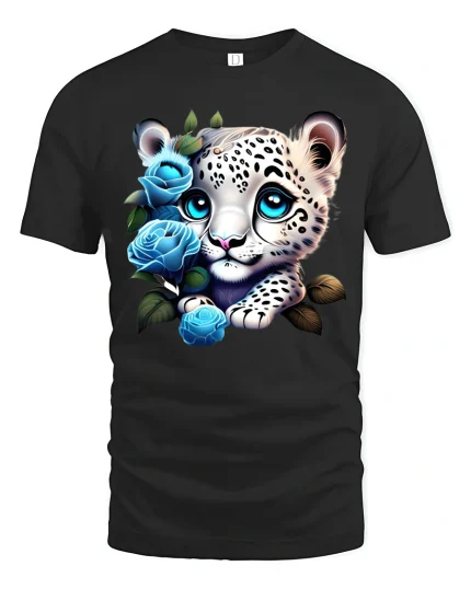 Cute Snow Leopard Cub Blue Rose Fantasy Art Graphic Tee - black t-shirt on white background