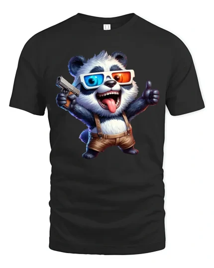 Funny Cool Panda With 3D Glasses Graphic T Shirt Cartoon Style - black t-shirt on white background