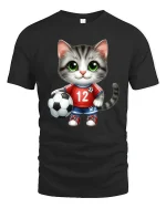 Cute Soccer Cat Cartoon Graphic Tee With Playful Sports Style - black t-shirt on white background