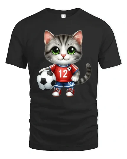 Cute Soccer Cat Cartoon Graphic Tee With Playful Sports Style - black t-shirt on white background