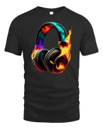 Flaming Headphones Music Energy Graphic Tee With Bold Sound Art - black t-shirt on white background