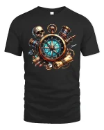 Steampunk Compass Skull Adventure Graphic Tee With Vintage Detail - black t-shirt on white background