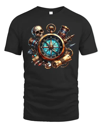 Steampunk Compass Skull Adventure Graphic Tee With Vintage Detail - black t-shirt on white background