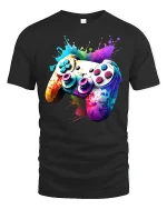Color Splash Gaming Controller Graphic Tee With Vibrant Gamer Art - black t-shirt on white background