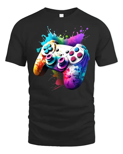 Color Splash Gaming Controller Graphic Tee With Vibrant Gamer Art - black t-shirt on white background