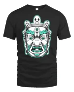 Mystic Guardian Face Graphic Tee With Bold Tribal Art Style - black t-shirt on white background