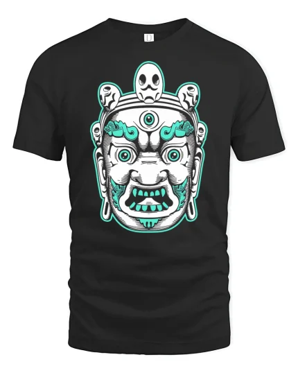 Mystic Guardian Face Graphic Tee With Bold Tribal Art Style - black t-shirt on white background