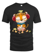 Cute Relaxed Tiger Cartoon Graphic T Shirt With Cozy Autumn Vibes - black t-shirt on white background
