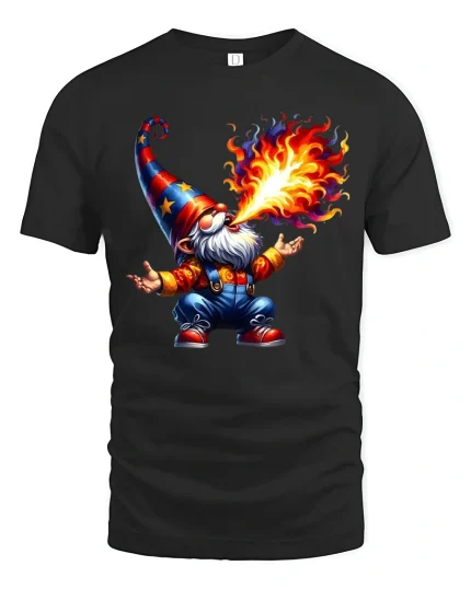 Funny Fire Breathing Wizard Gnome Cartoon Graphic T Shirt - black t-shirt on white background