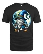 Mystical Moon Wizard Gnome Cartoon Graphic T Shirt Fantasy Art - black t-shirt on white background