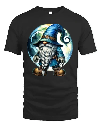 Mystical Moon Wizard Gnome Cartoon Graphic T Shirt Fantasy Art - black t-shirt on white background
