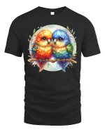 Colorful Love Birds Watercolor Art Graphic T Shirt Cute Style - black t-shirt on white background