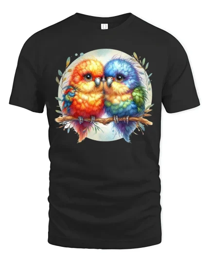 Colorful Love Birds Watercolor Art Graphic T Shirt Cute Style - black t-shirt on white background