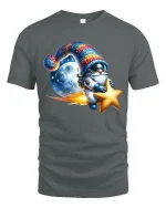 Cute Astronaut Gnome Riding Star Space Cartoon Graphic T Shirt - gray t-shirt on white background