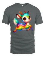 Cute Rainbow Deer Fantasy Cartoon Art Graphic Tshirt - gray t-shirt on white background
