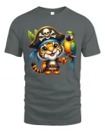 Cute Pirate Tiger Cartoon Adventure Art Graphic Tshirt - gray t-shirt on white background